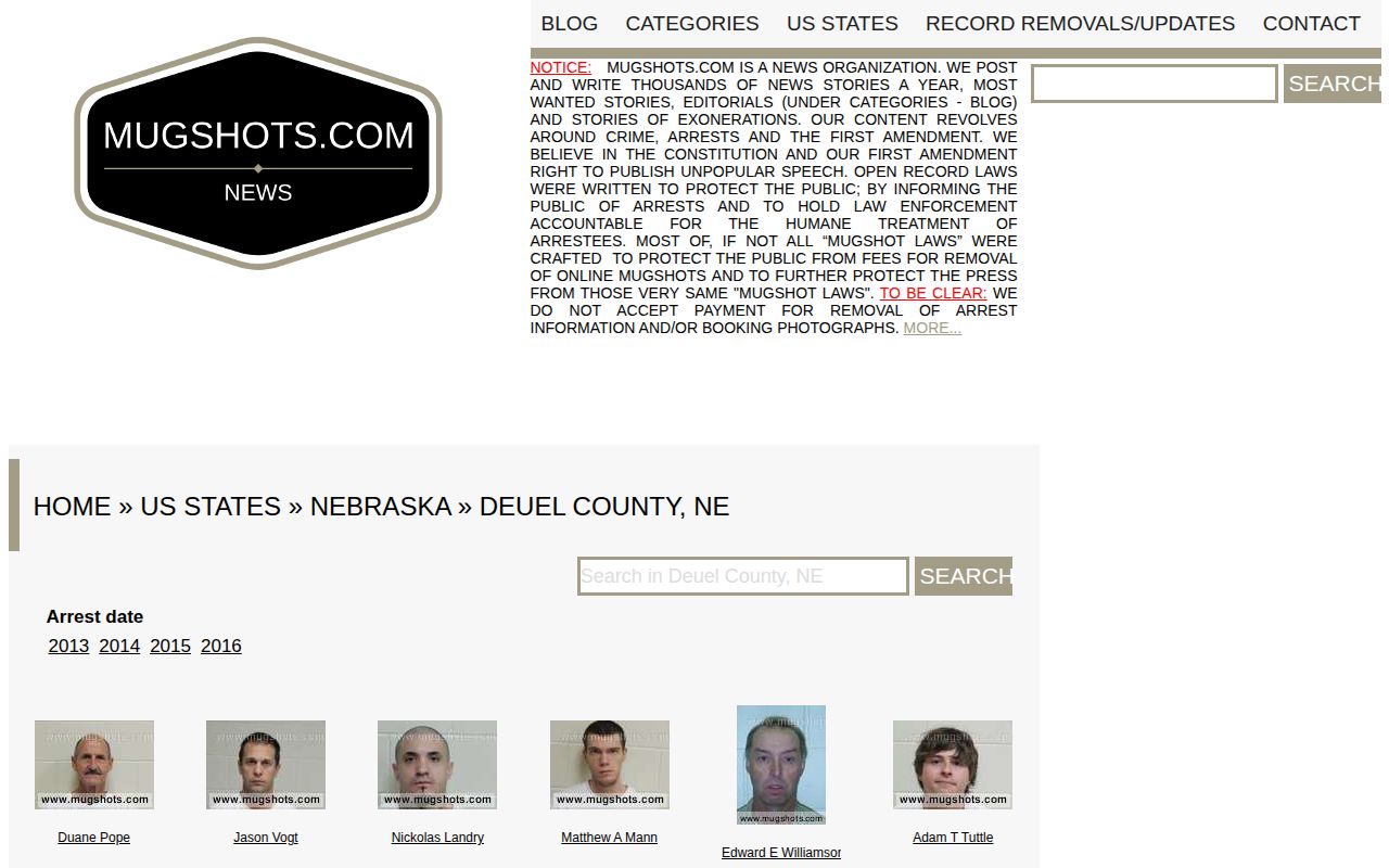 Mugshots.com Deuel County page captured as an unofficial research lead