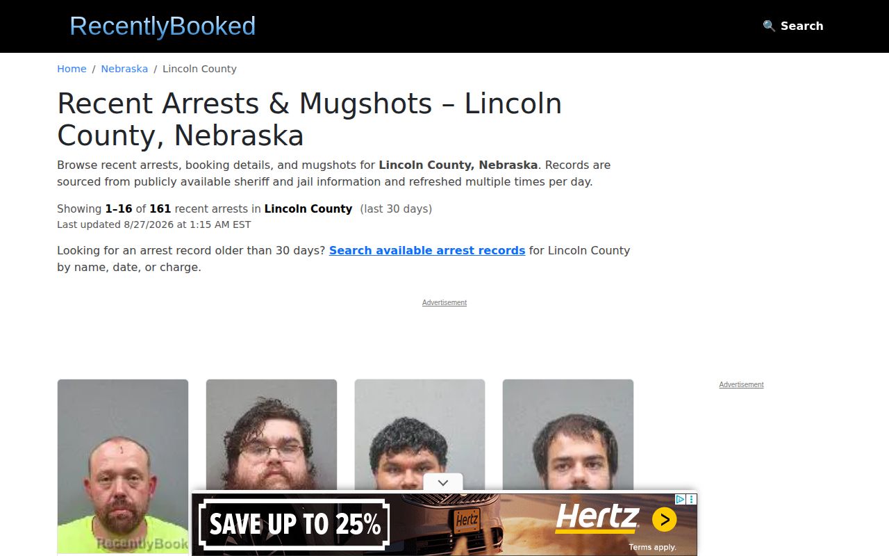 Recently Booked Lincoln County page captured as a non-Deuel coverage-model check