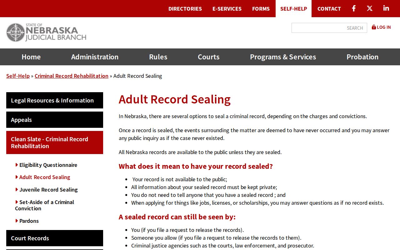 Nebraska adult record sealing guidance for Deuel County cases